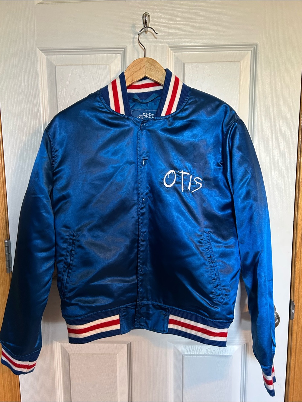 Blue Satin Green Day 'Otis' Bomber Jacket with Red & White Trim